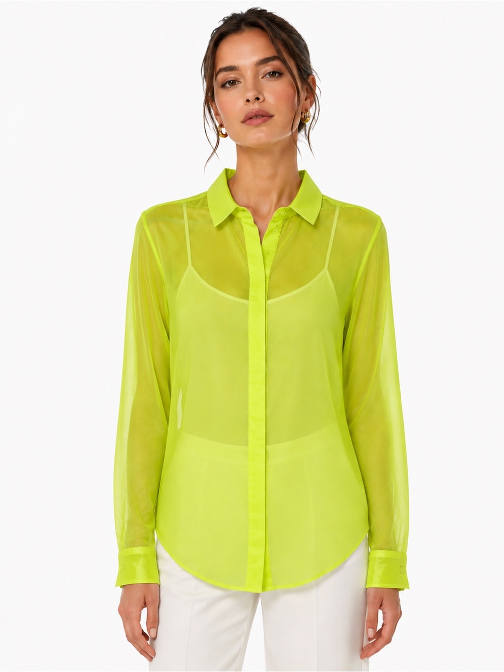 NWT Wildfang Neon Green Empower Sheer Long Sleeve Button Up Top Sz M